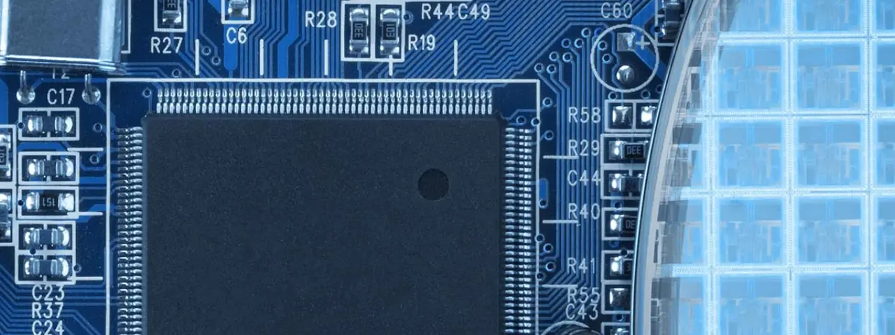 Clost up of blue circuit board and semiconductor wafer